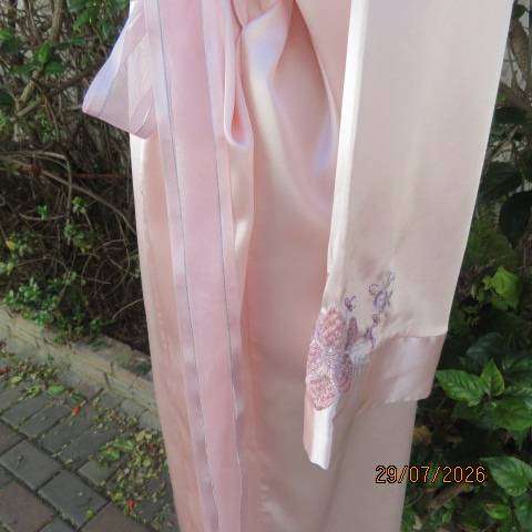 WOOLWORTHS pale pink fold-over silky polyester long night gown with embroidery and belt, size 40