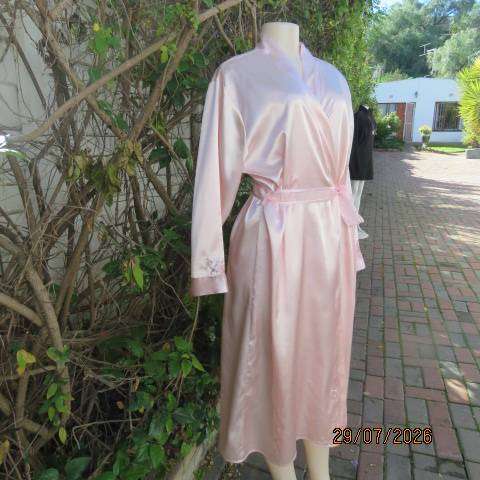 WOOLWORTHS pale pink fold-over silky polyester long night gown with embroidery and belt, size 40