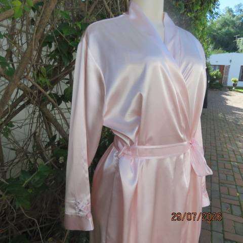 WOOLWORTHS pale pink fold-over silky polyester long night gown with embroidery and belt, size 40