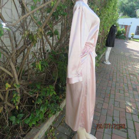 WOOLWORTHS pale pink fold-over silky polyester long night gown with embroidery and belt, size 40