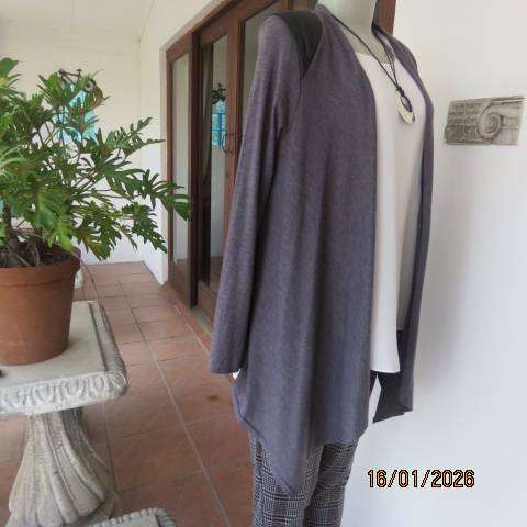Ash grey long sleeve cover-up with black leather look shoulder-back inlays. Waterfall style. Size 32
