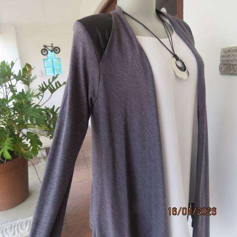 Ash grey long sleeve cover-up with black leather look shoulder-back inlays. Waterfall style. Size 32