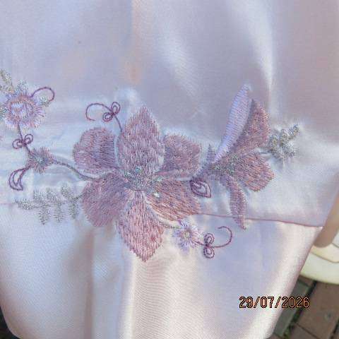 WOOLWORTHS pale pink fold-over silky polyester long night gown with embroidery and belt, size 40