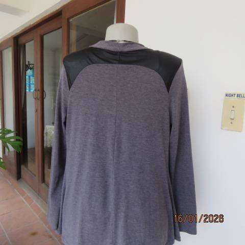 Ash grey long sleeve cover-up with black leather look shoulder-back inlays. Waterfall style. Size 32