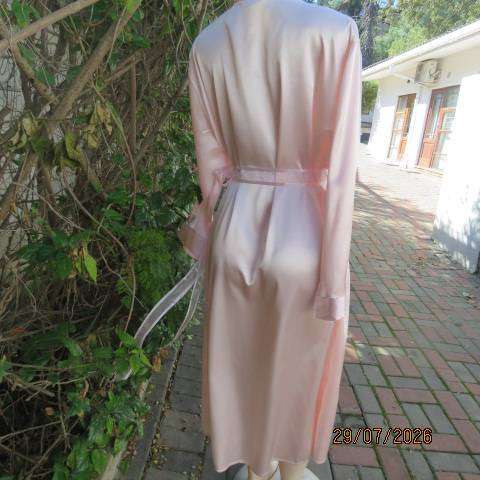WOOLWORTHS pale pink fold-over silky polyester long night gown with embroidery and belt, size 40