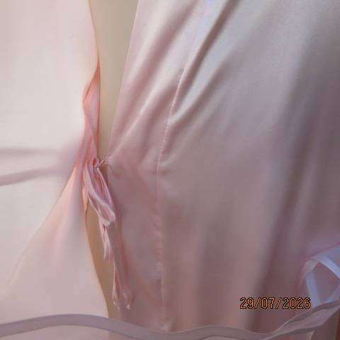 WOOLWORTHS pale pink fold-over silky polyester long night gown with embroidery and belt, size 40