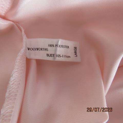 WOOLWORTHS pale pink fold-over silky polyester long night gown with embroidery and belt, size 40