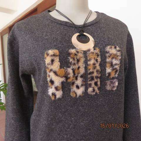 Grey mottled polyester knit warm long sleeve top with animal wool logo HI! on front. Size 32-34