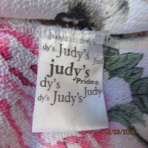 Judy's Pride white textured polyester off-shoulder top with pink-purple flowers, size 38