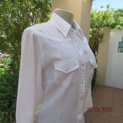 White long sleeve polycotton tailored shirt with luxury embroidery, size 36