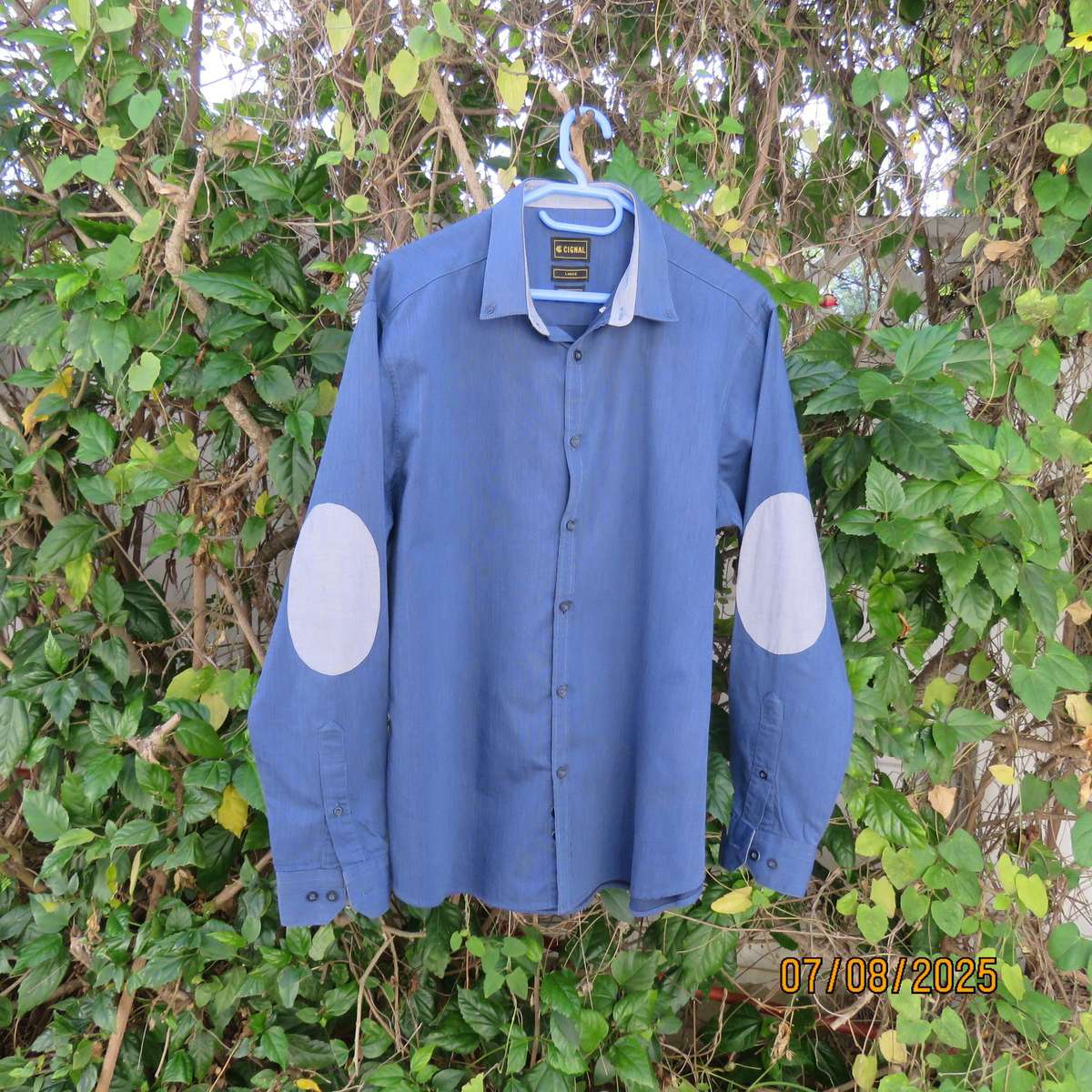 CIGNAL men's modern long sleeve mottle blue shirt-grey elbow patched. Size Large