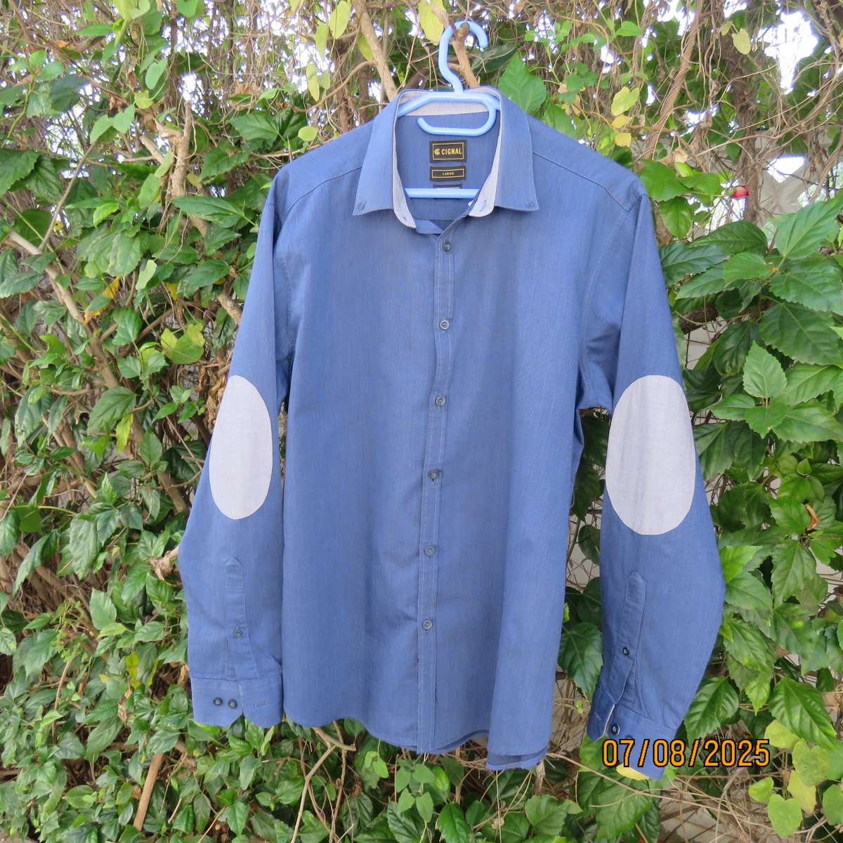 CIGNAL men's modern long sleeve mottle blue shirt-grey elbow patched. Size Large