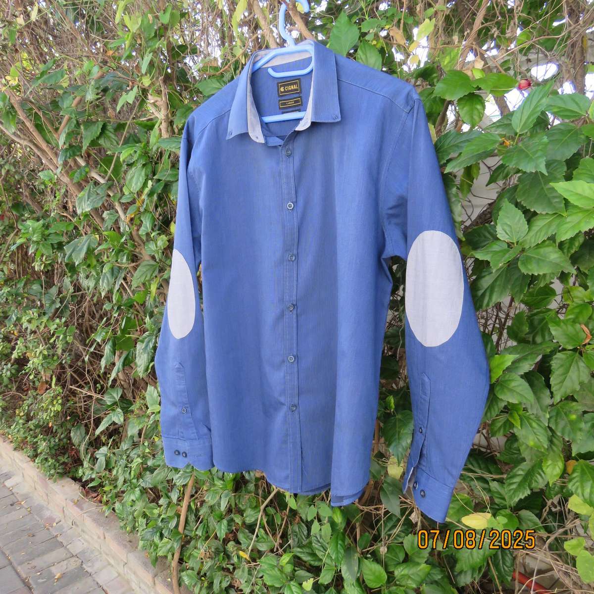 CIGNAL men's modern long sleeve mottle blue shirt-grey elbow patched. Size Large