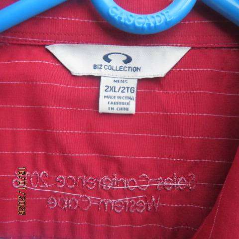 BIZ Collection size 2XL dark red with white vertical stripes in polycotton. One pocket.