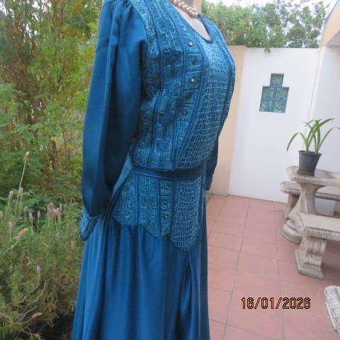 PLEZER teal colour 3 pc outfit from Mumbai in silky satin-fully lined. Richly embellished. Size 36