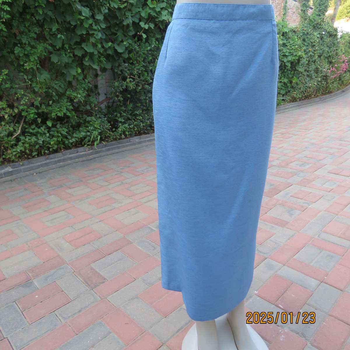 Boutique made 2 pc steel blue textured satin fully lined skirt suit. With embellished collar.Size 42