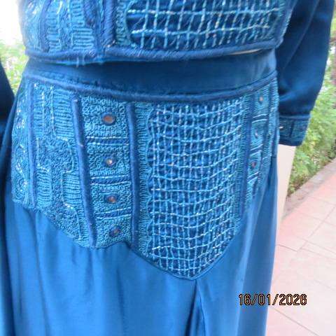 PLEZER teal colour 3 pc outfit from Mumbai in silky satin-fully lined. Richly embellished. Size 36