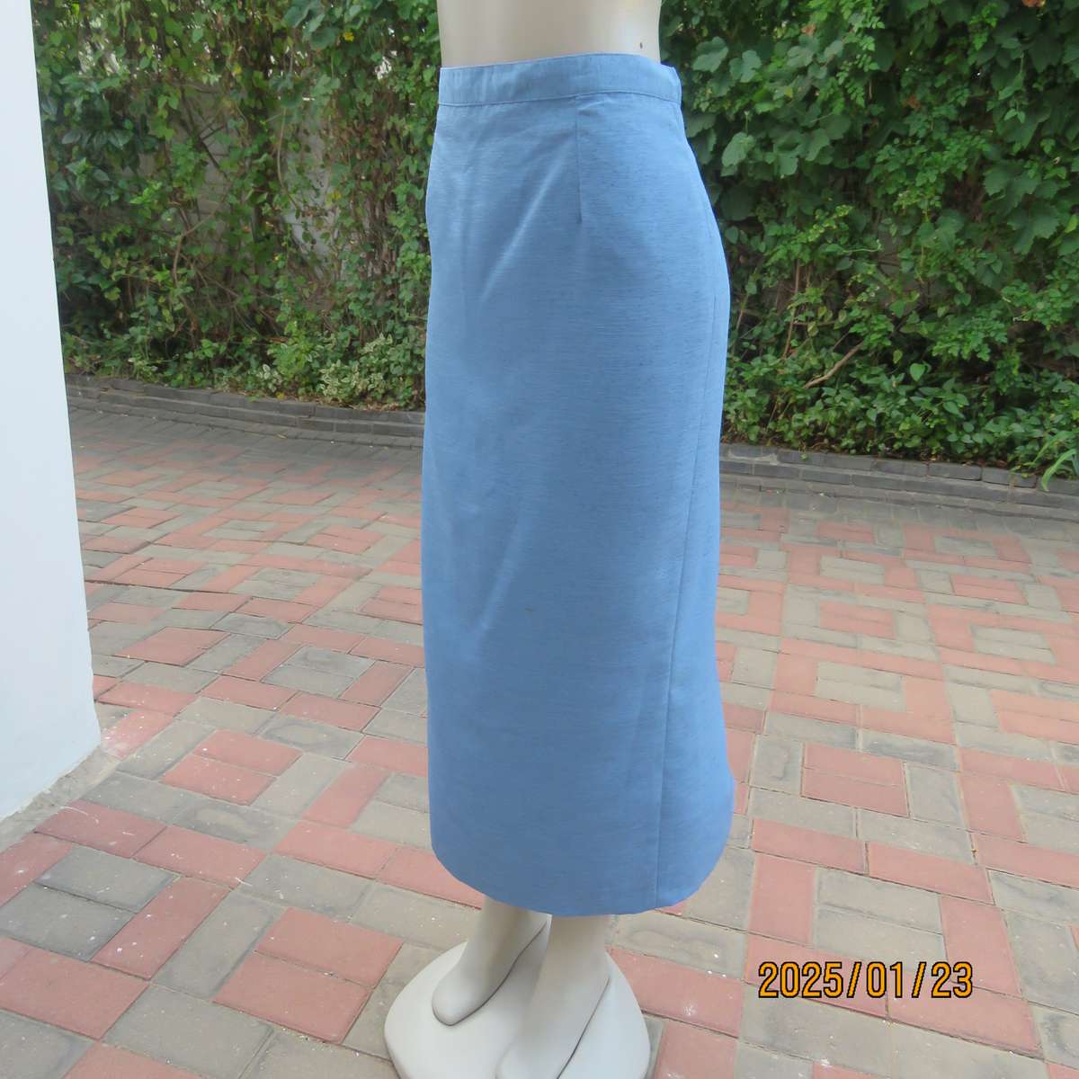 Boutique made 2 pc steel blue textured satin fully lined skirt suit. With embellished collar.Size 42