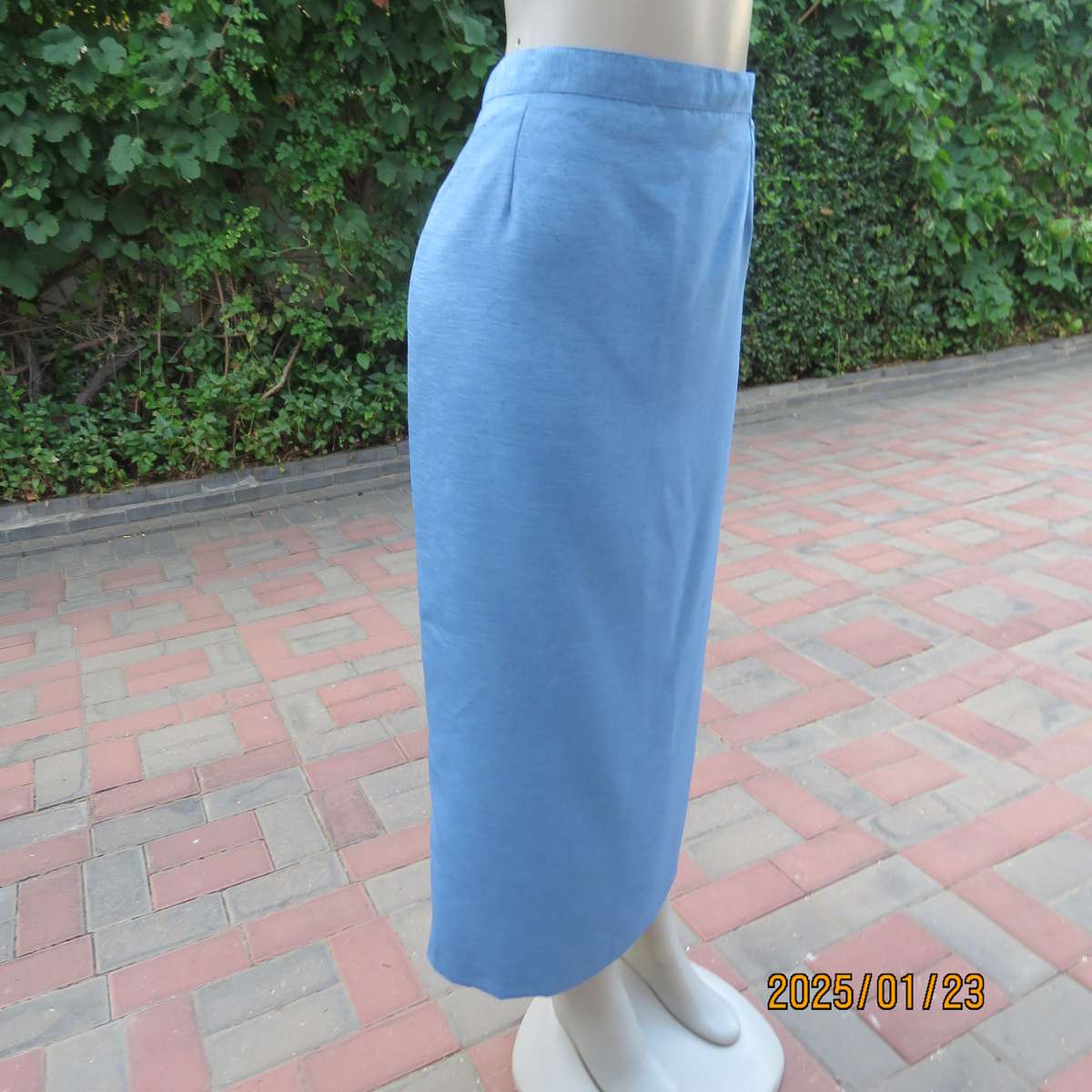 Boutique made 2 pc steel blue textured satin fully lined skirt suit. With embellished collar.Size 42