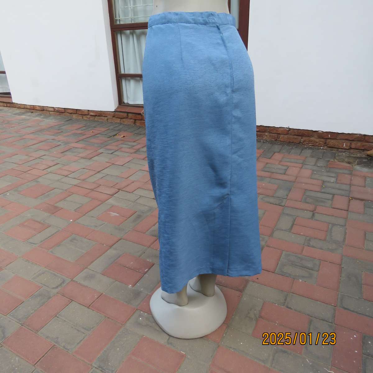 Boutique made 2 pc steel blue textured satin fully lined skirt suit. With embellished collar.Size 42