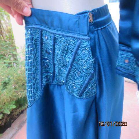 PLEZER teal colour 3 pc outfit from Mumbai in silky satin-fully lined. Richly embellished. Size 36