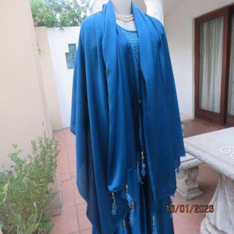 PLEZER teal colour 3 pc outfit from Mumbai in silky satin-fully lined. Richly embellished. Size 36
