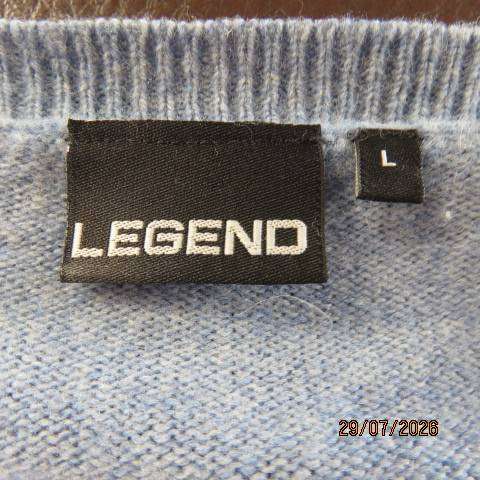 LEGEND light blue pure new wool men's knitted pullover with V neck and diamond pattern size large