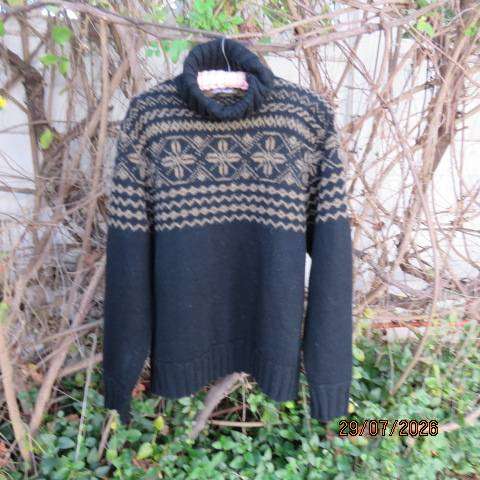 TODD SMITH men's black poloneck pullover cardigan with wide cream fair isle pattern, size large
