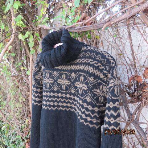 TODD SMITH men's black poloneck pullover cardigan with wide cream fair isle pattern, size large