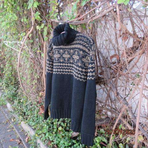 TODD SMITH men's black poloneck pullover cardigan with wide cream fair isle pattern, size large