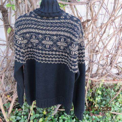 TODD SMITH men's black poloneck pullover cardigan with wide cream fair isle pattern, size large