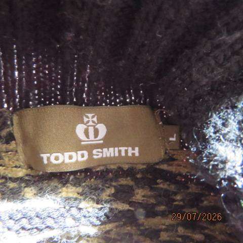 TODD SMITH men's black poloneck pullover cardigan with wide cream fair isle pattern, size large
