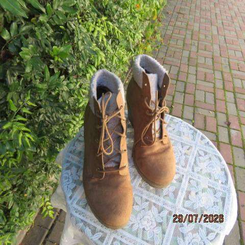 New Look tan suede-look booties with braided front and wedge heels, size 6