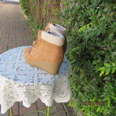 New Look tan suede-look booties with braided front and wedge heels, size 6