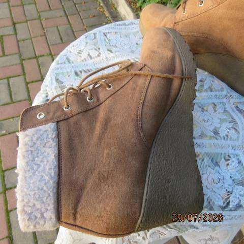 New Look tan suede-look booties with braided front and wedge heels, size 6