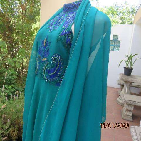 PLEZER from Mumbai jade green 3 pc outfit in sheer polyester.Luxury embellishment. Size 34.