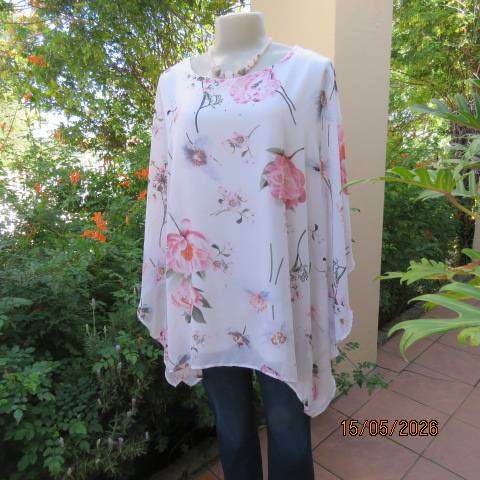 Miladys white stretch polyester sleeveless top with halfmoon sheer floral overlay, size 44