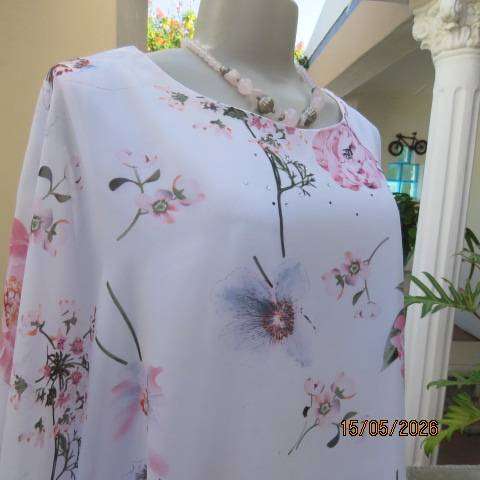 Miladys white stretch polyester sleeveless top with halfmoon sheer floral overlay, size 44
