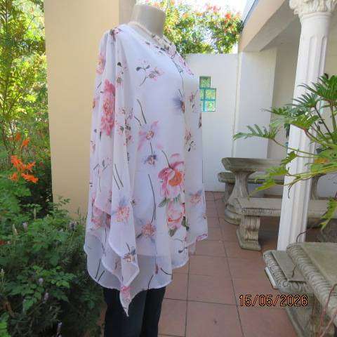 Miladys white stretch polyester sleeveless top with halfmoon sheer floral overlay, size 44
