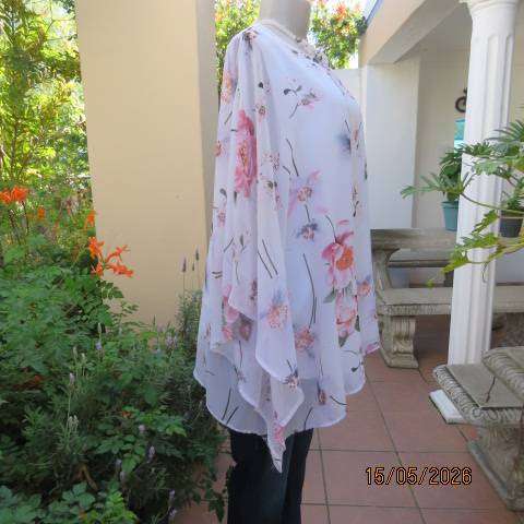 Miladys white stretch polyester sleeveless top with halfmoon sheer floral overlay, size 44
