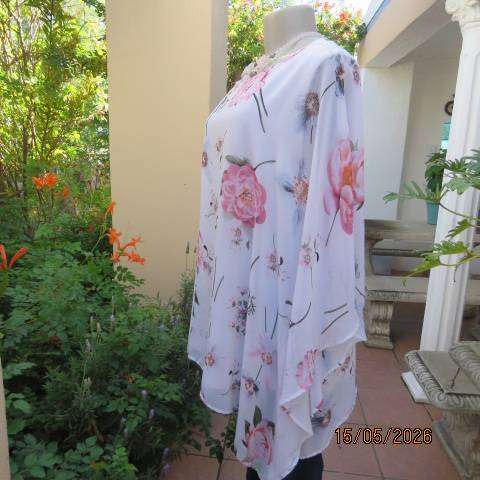 Miladys white stretch polyester sleeveless top with halfmoon sheer floral overlay, size 44