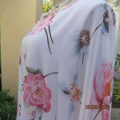 Miladys white stretch polyester sleeveless top with halfmoon sheer floral overlay, size 44