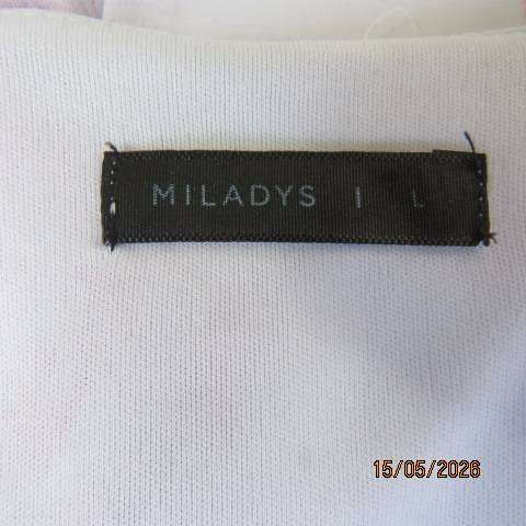 Miladys white stretch polyester sleeveless top with halfmoon sheer floral overlay, size 44