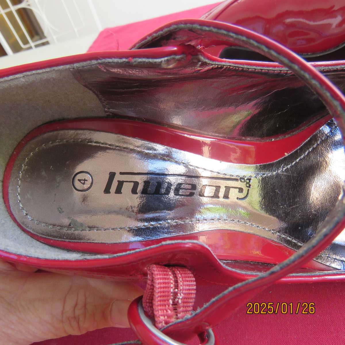 Stunning pair of high heel red patent leather size 4 shoes by INWEAR. As new condition.