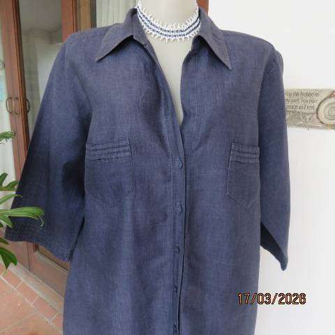 WOOLWORTHS gunmetal blue short sleeve button-down shirt in ramie-cotton blend, size 44
