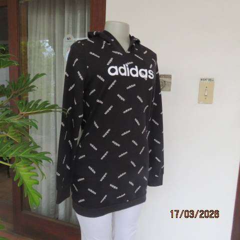 ADIDAS black polycotton hooded long warm top with white logos, size 34