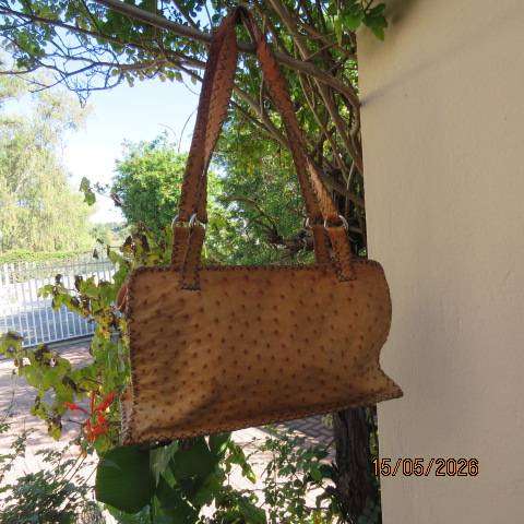 Genuine tan ostrich leather handmade handbag with zip closure - stands alone, 35cm x 20cm