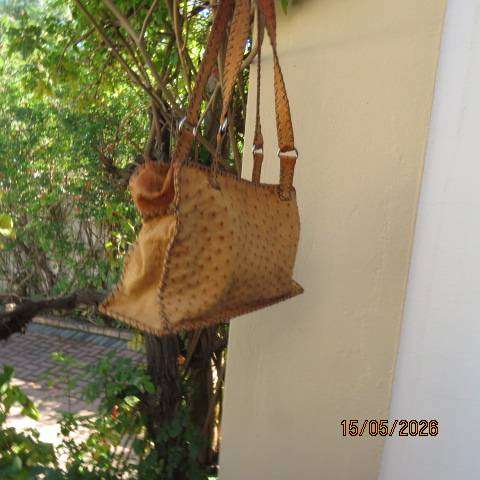 Genuine tan ostrich leather handmade handbag with zip closure - stands alone, 35cm x 20cm