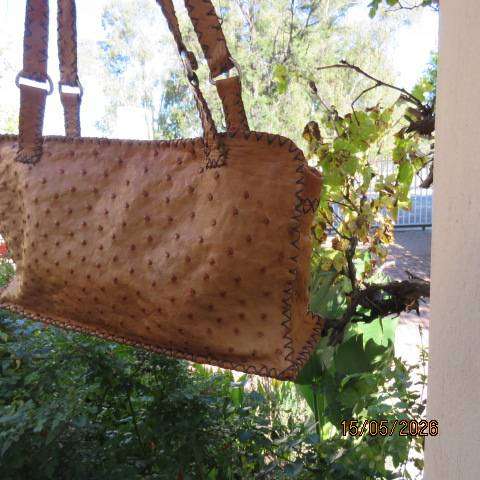 Genuine tan ostrich leather handmade handbag with zip closure - stands alone, 35cm x 20cm