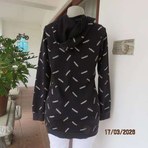 ADIDAS black polycotton hooded long warm top with white logos, size 34